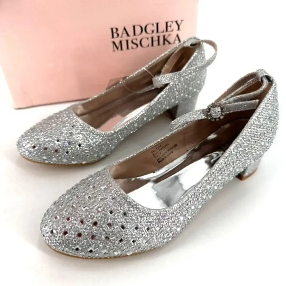 NWT GIRLS' BADGLEY MISCHKA Silver‎ Sparkle Special Occasion Shoe Size 3 Party